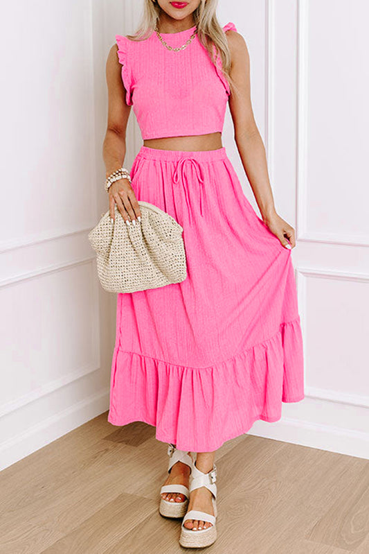 PInk Textured Ruffle Trim Crop Top and Skirt Set