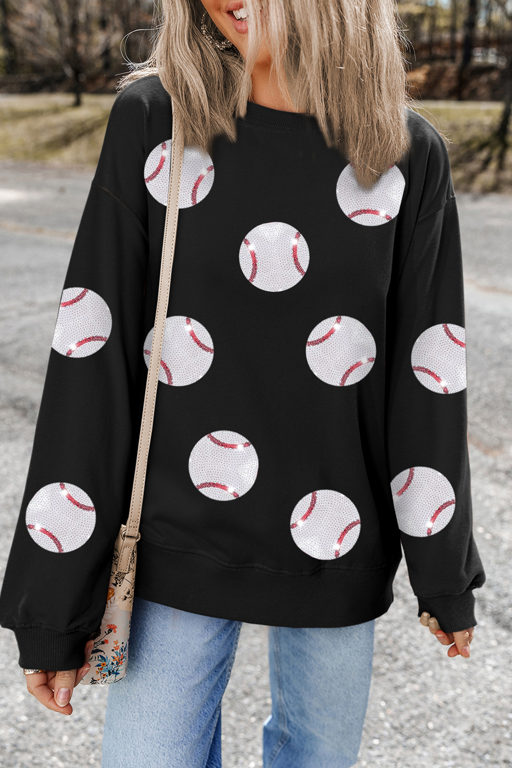 Black Sequin Baseball Sweatshirt