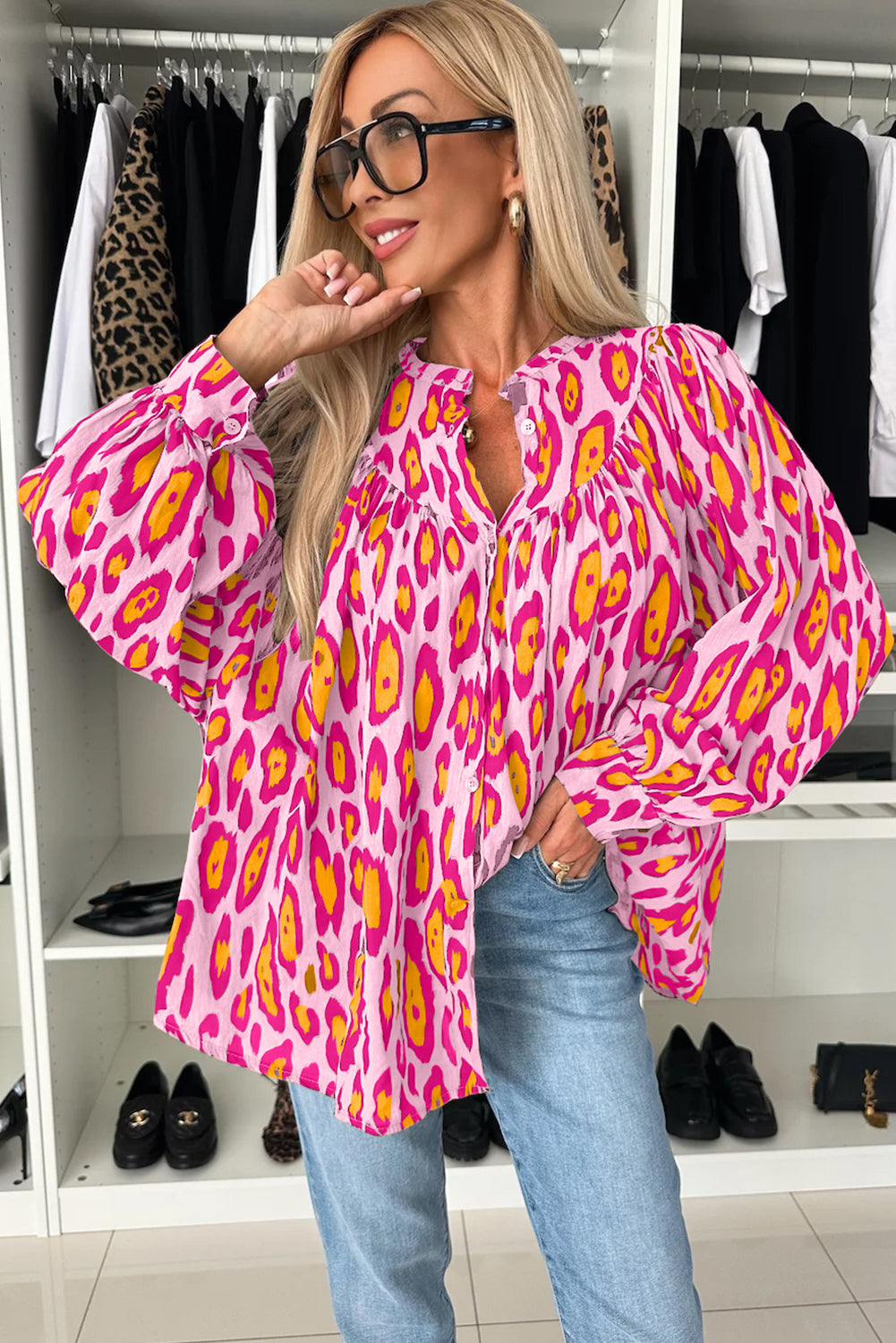 Leopard Print Balloon Sleeve Loose Blouse