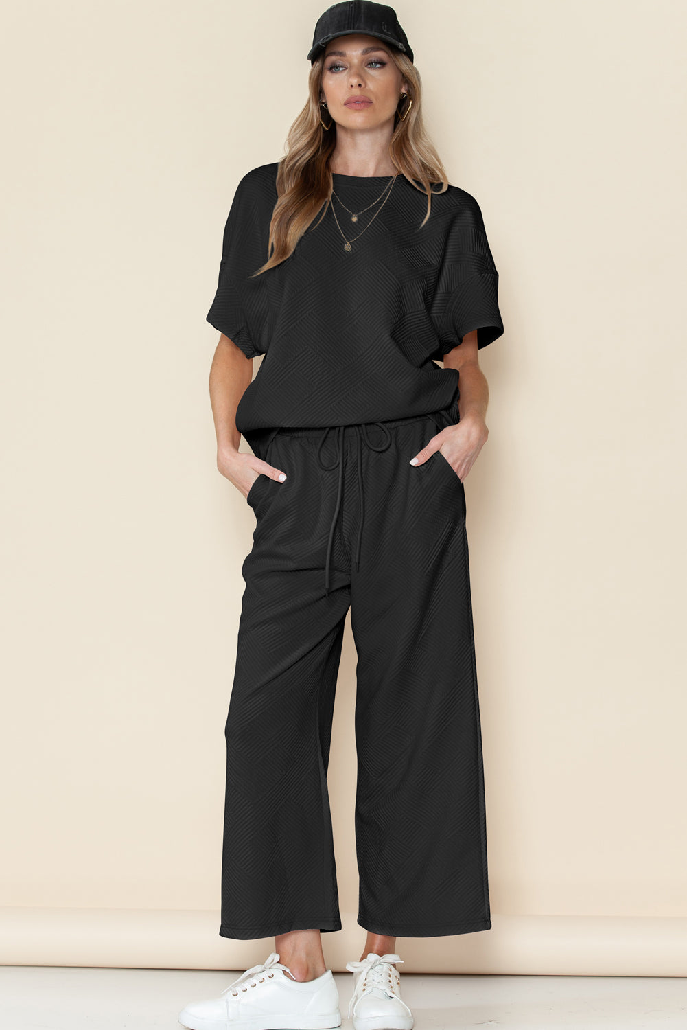 Textured Loose Fit T Shirt and Drawstring Pants Set