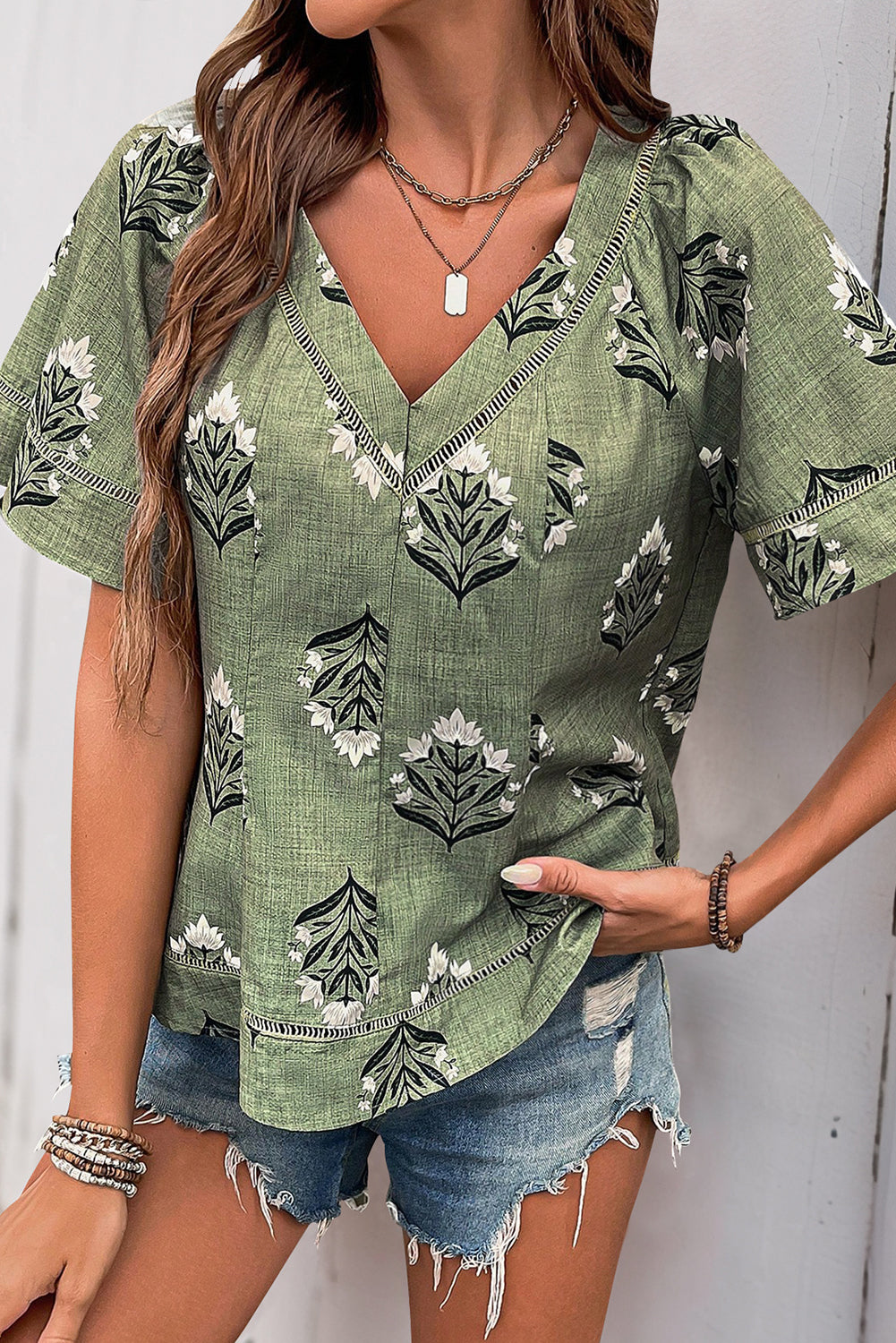 Green Floral Print Short Sleeve V-Neck Blouse