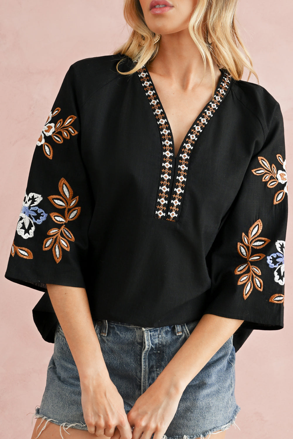 Black Floral Embroidered Sleeve Boho Blouse