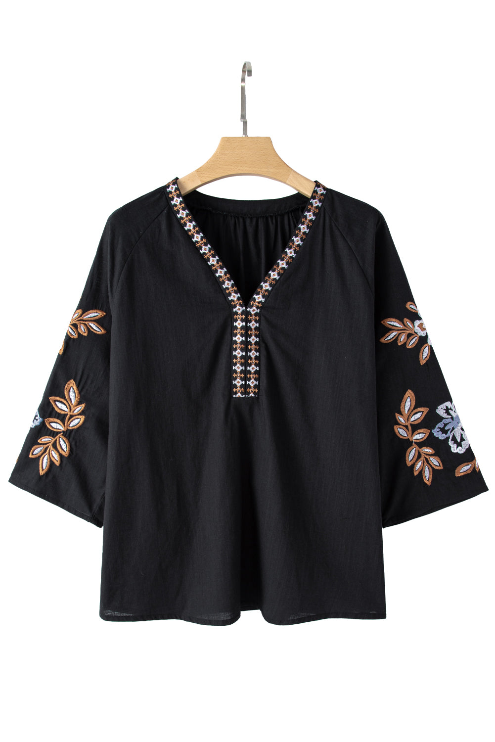 Black Floral Embroidered Sleeve Boho Blouse