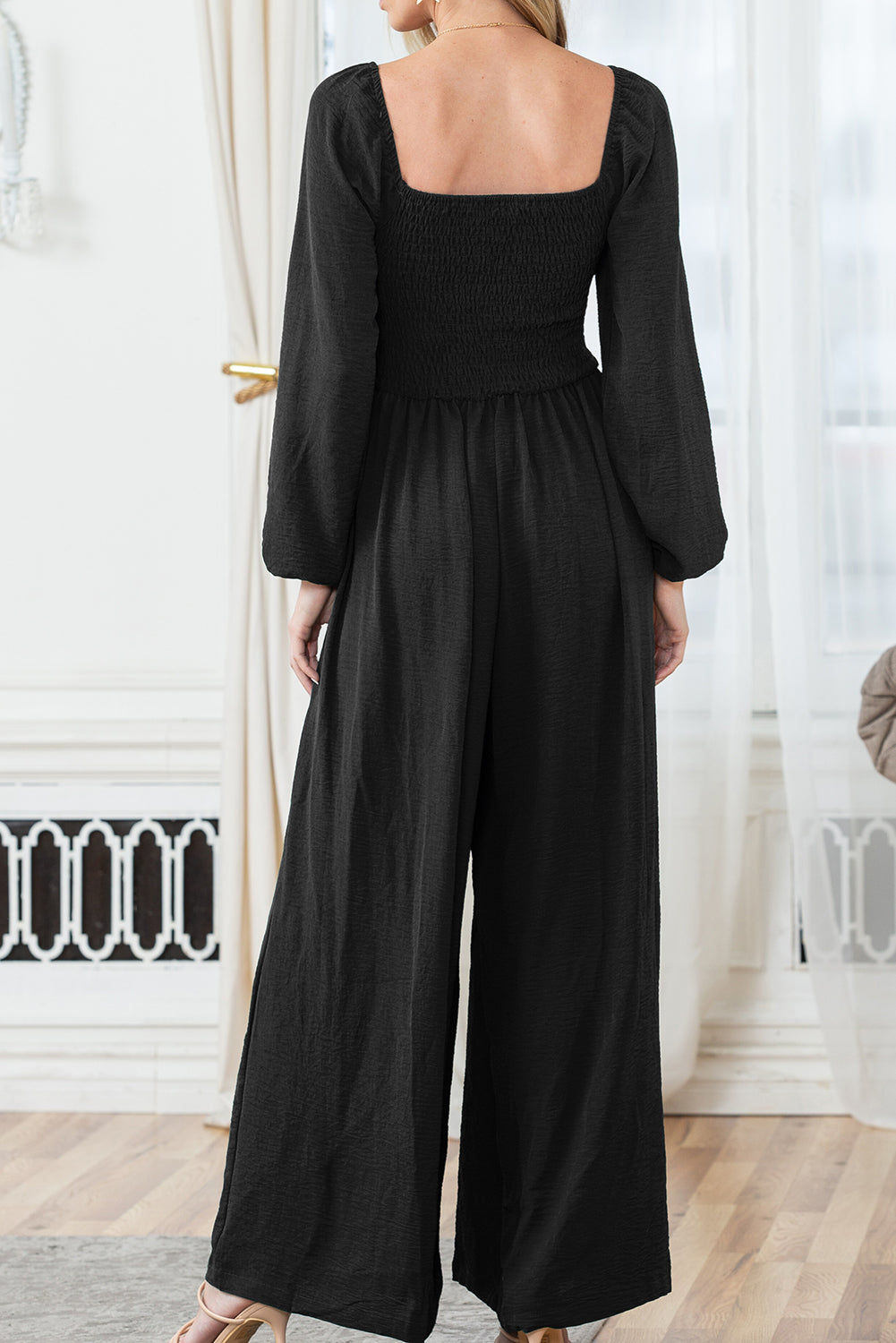 Black Smocked Wide Leg Jumpsuit