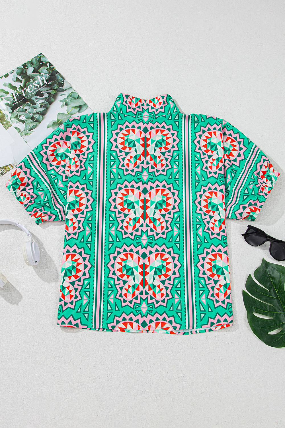 Sea Green Geometric Print Split Neck Blouse