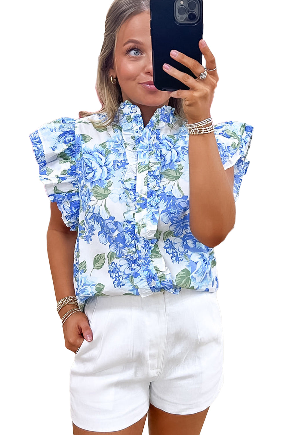 Blue Floral Ruffle Sleeve Shirt