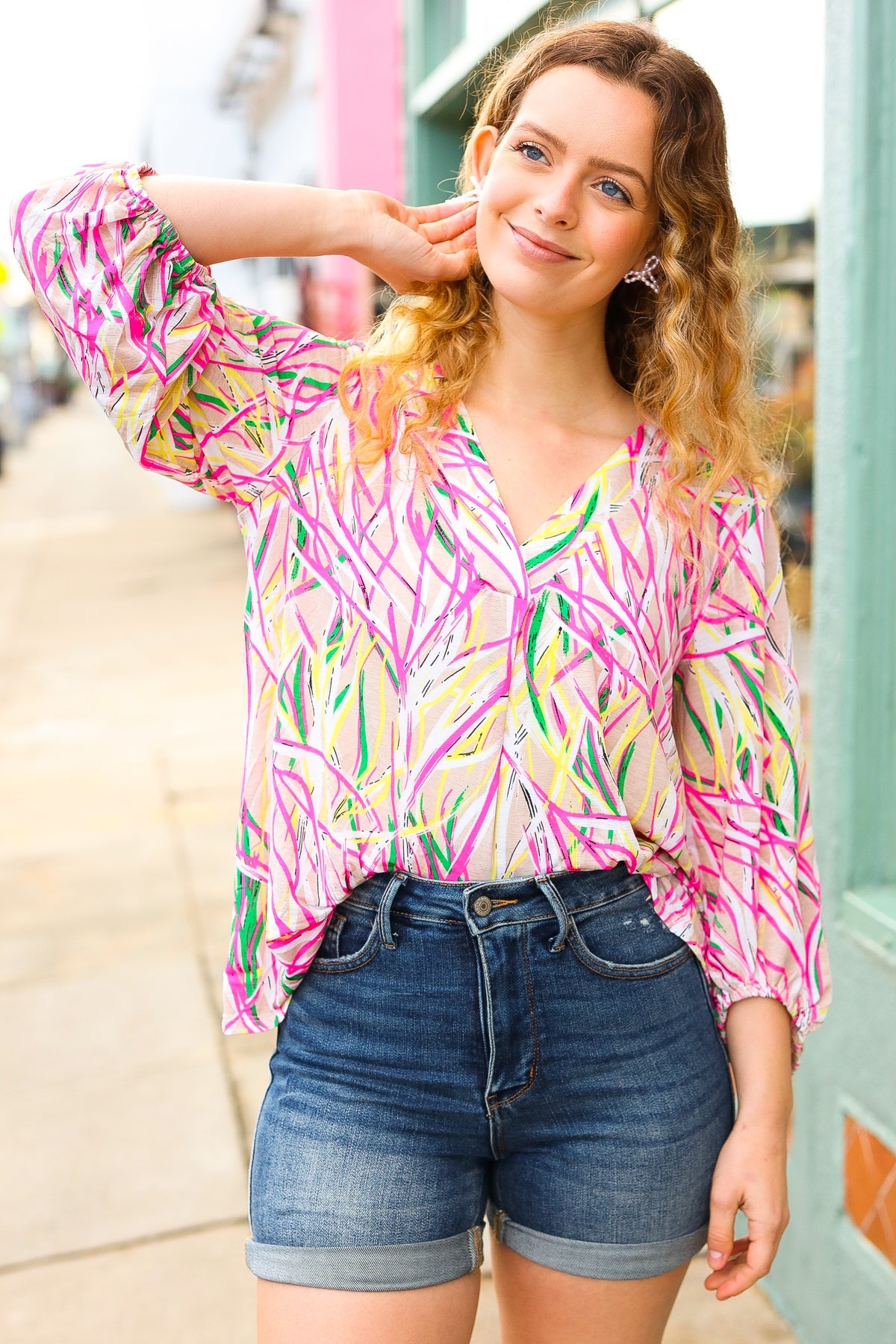 Life's A Party Fuchsia & Yellow Abstract Print V Neck Top