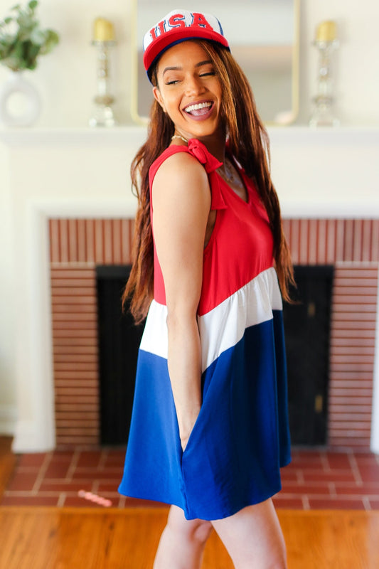 Holiday Ready Red White & Blue Color Block Shoulder Tie Romper