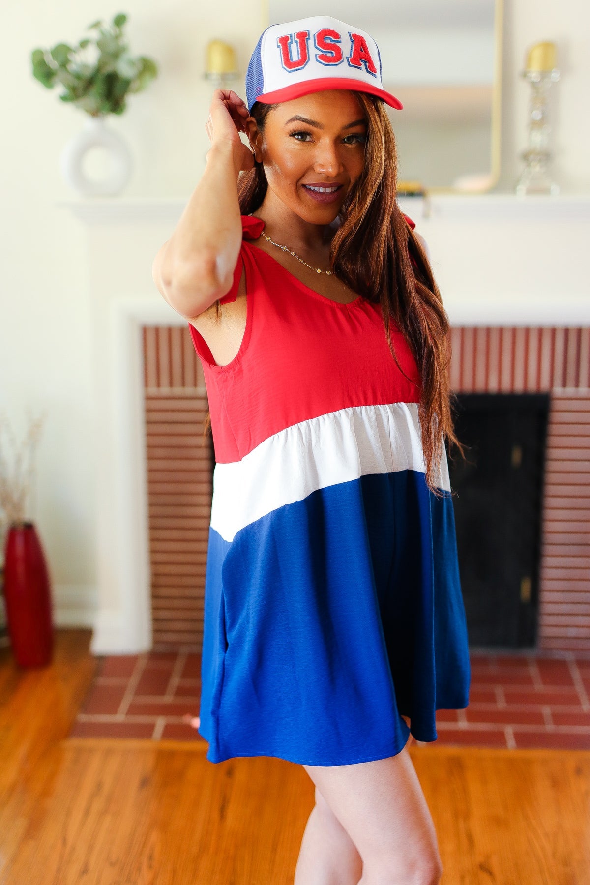 Holiday Ready Red White & Blue Color Block Shoulder Tie Romper