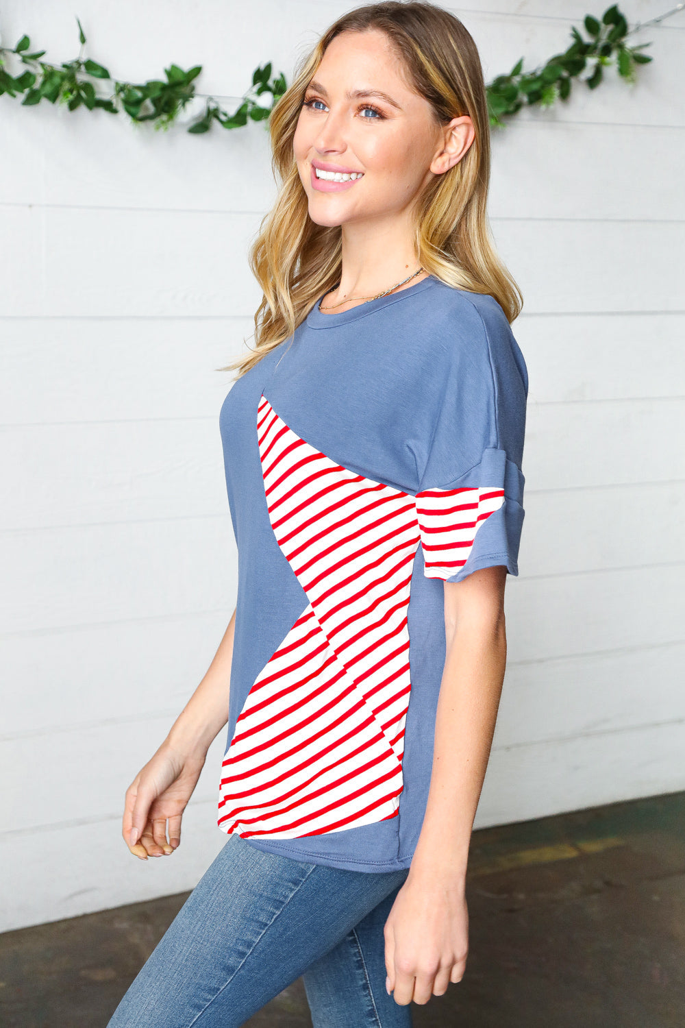 Red Striped Star Detail French Terry Patriotic Top