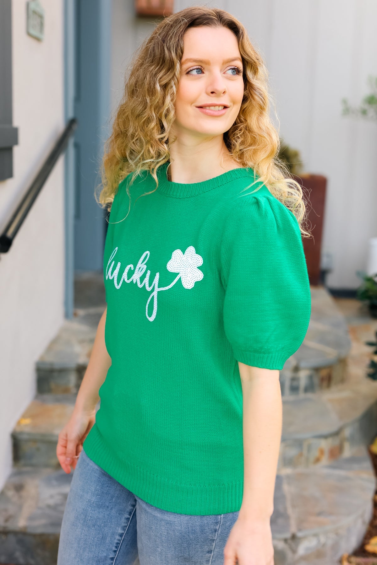 Lucky Lady Shamrock Green Sequin Puff Sleeve Knit Top