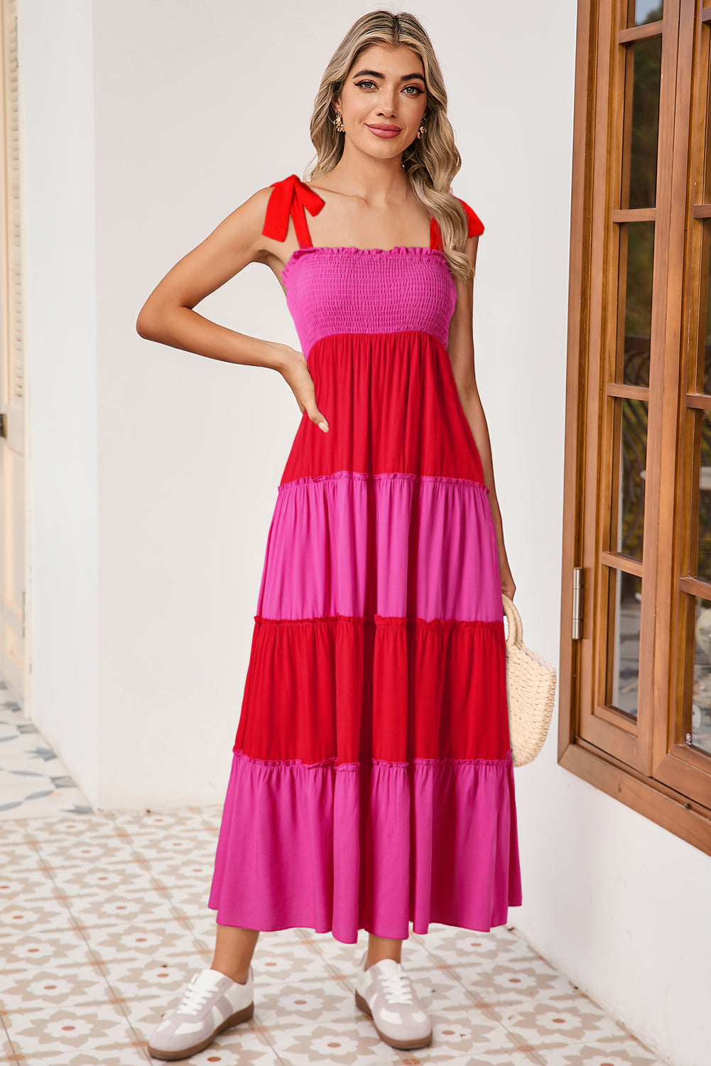 Pink Shirred Tiered Maxi Dress