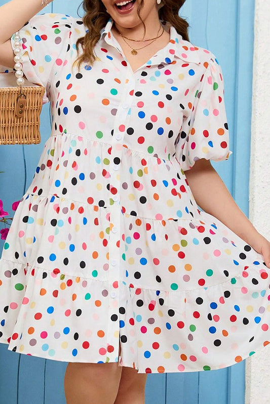 Polka Dot Print Bubble Sleeve Shirt Dress - Plus