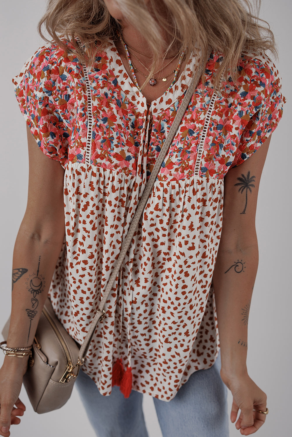 Red Print Embroidery Tie Split Neck Blouse