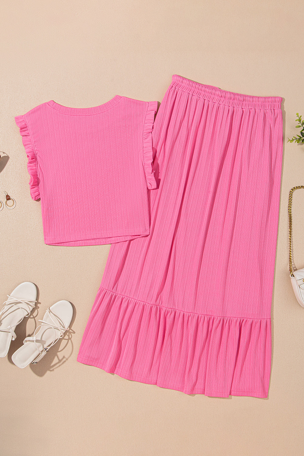 PInk Textured Ruffle Trim Crop Top and Skirt Set