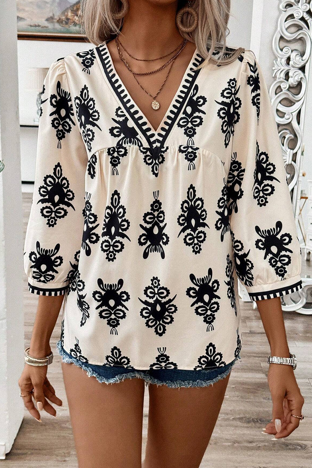 Ethnic Print V-Neck Blouse