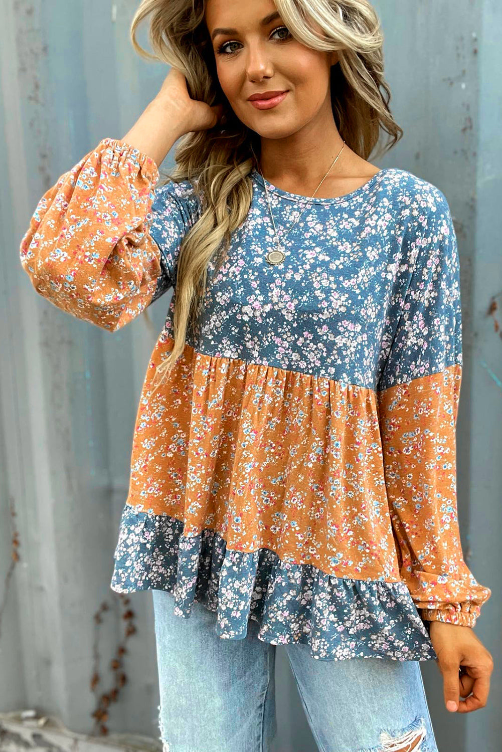 Ditsy Floral Ruffle Hem Long Sleeve Top