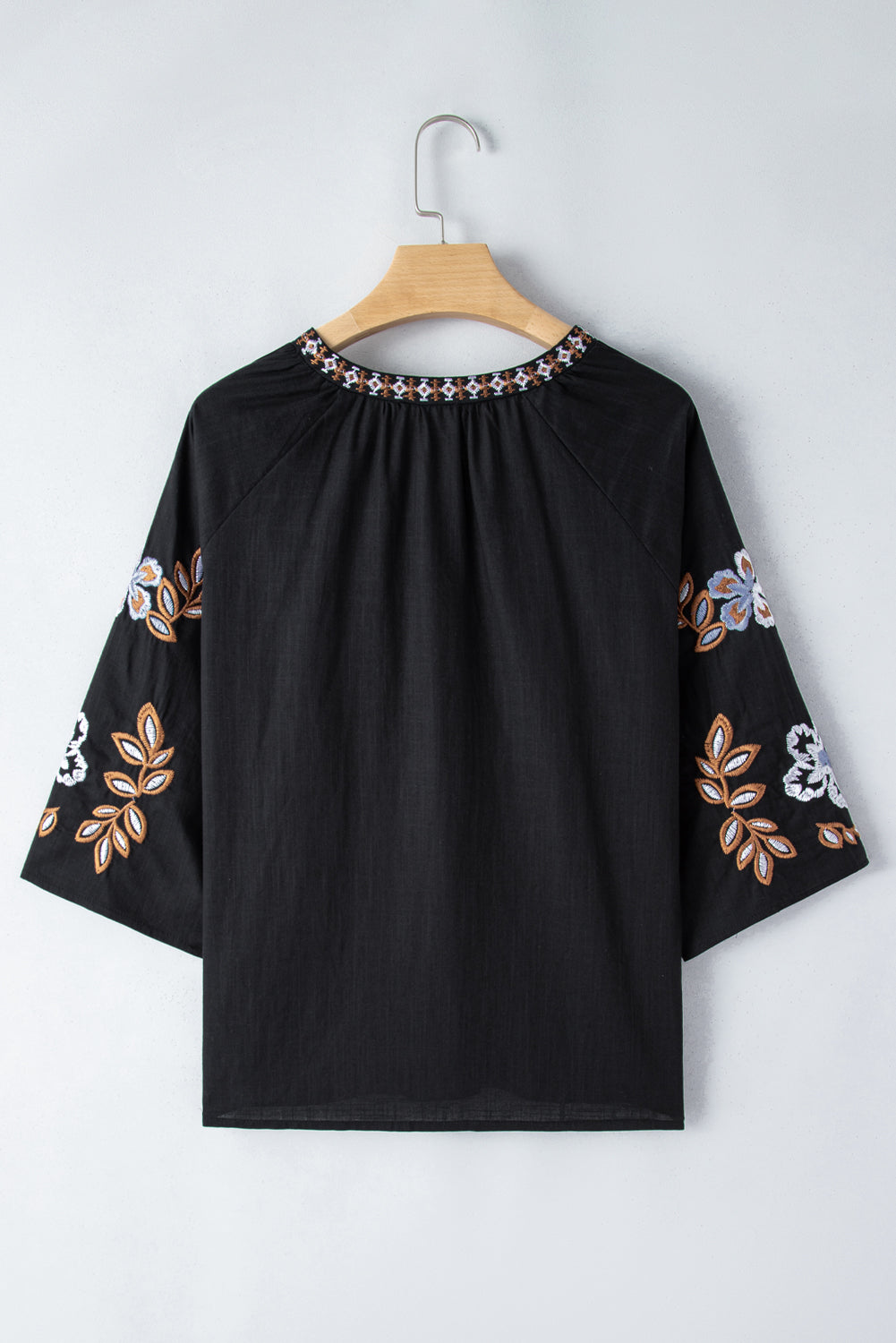 Black Floral Embroidered Sleeve Boho Blouse