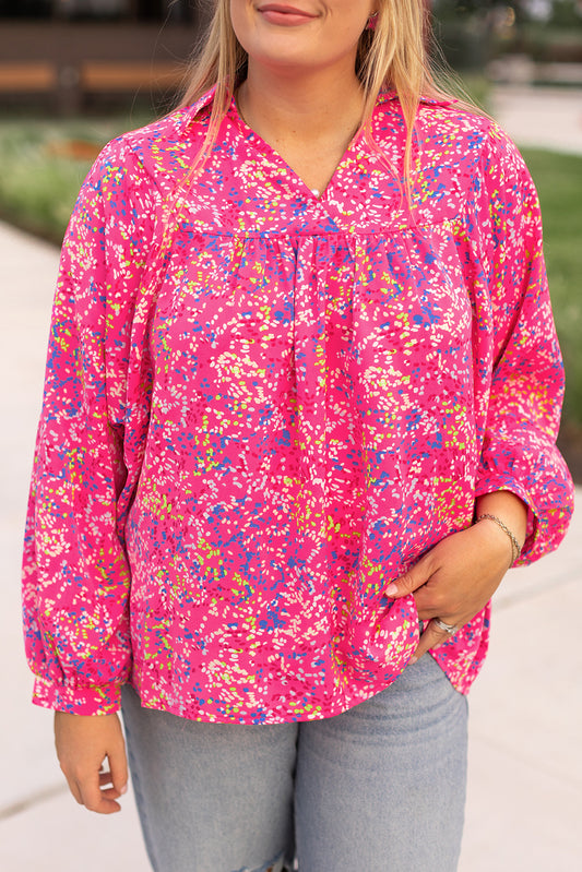 Abstract Print Puff Sleeve V Neck Plus Size Blouse