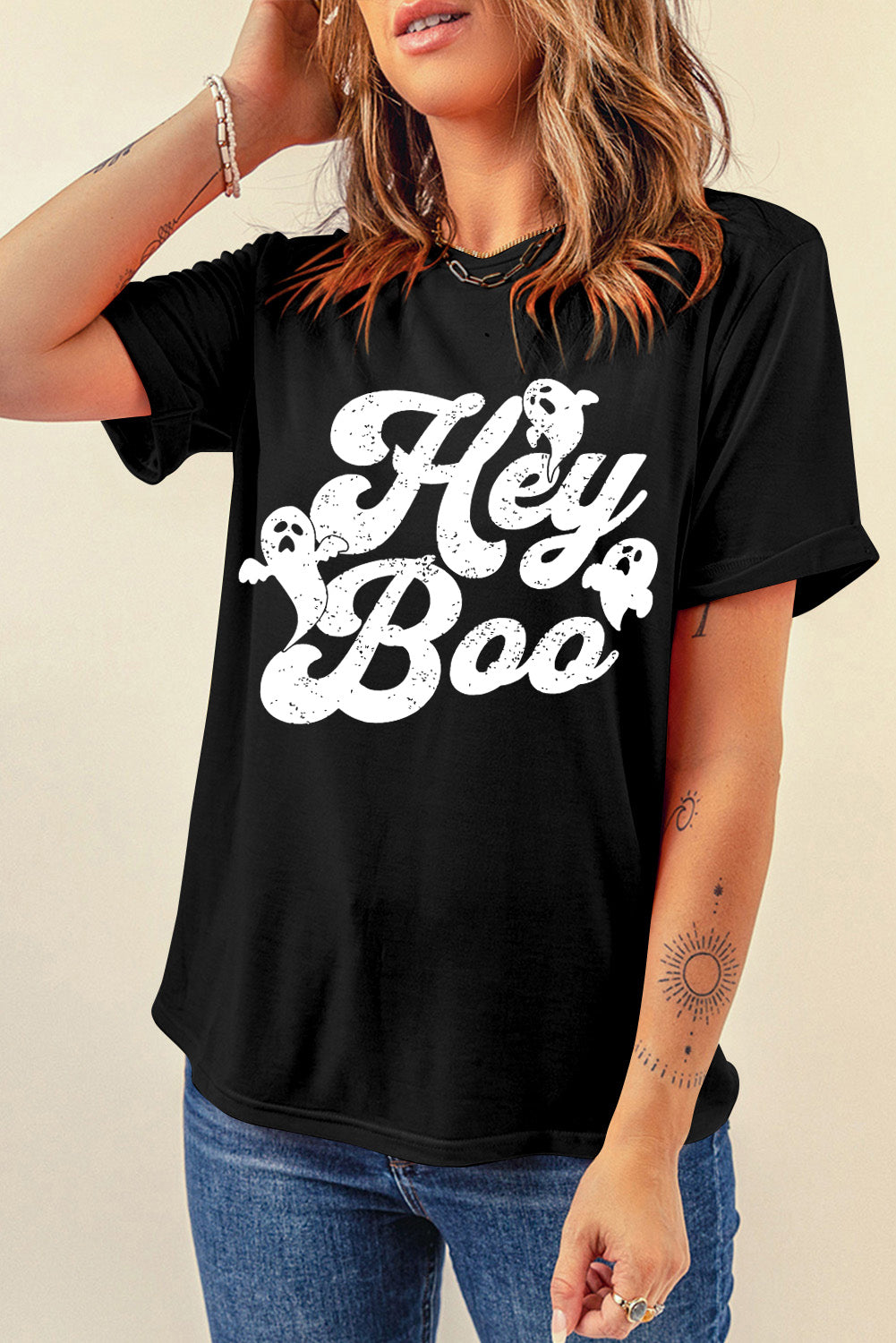 Hey Boo Ghost Print T Shirt