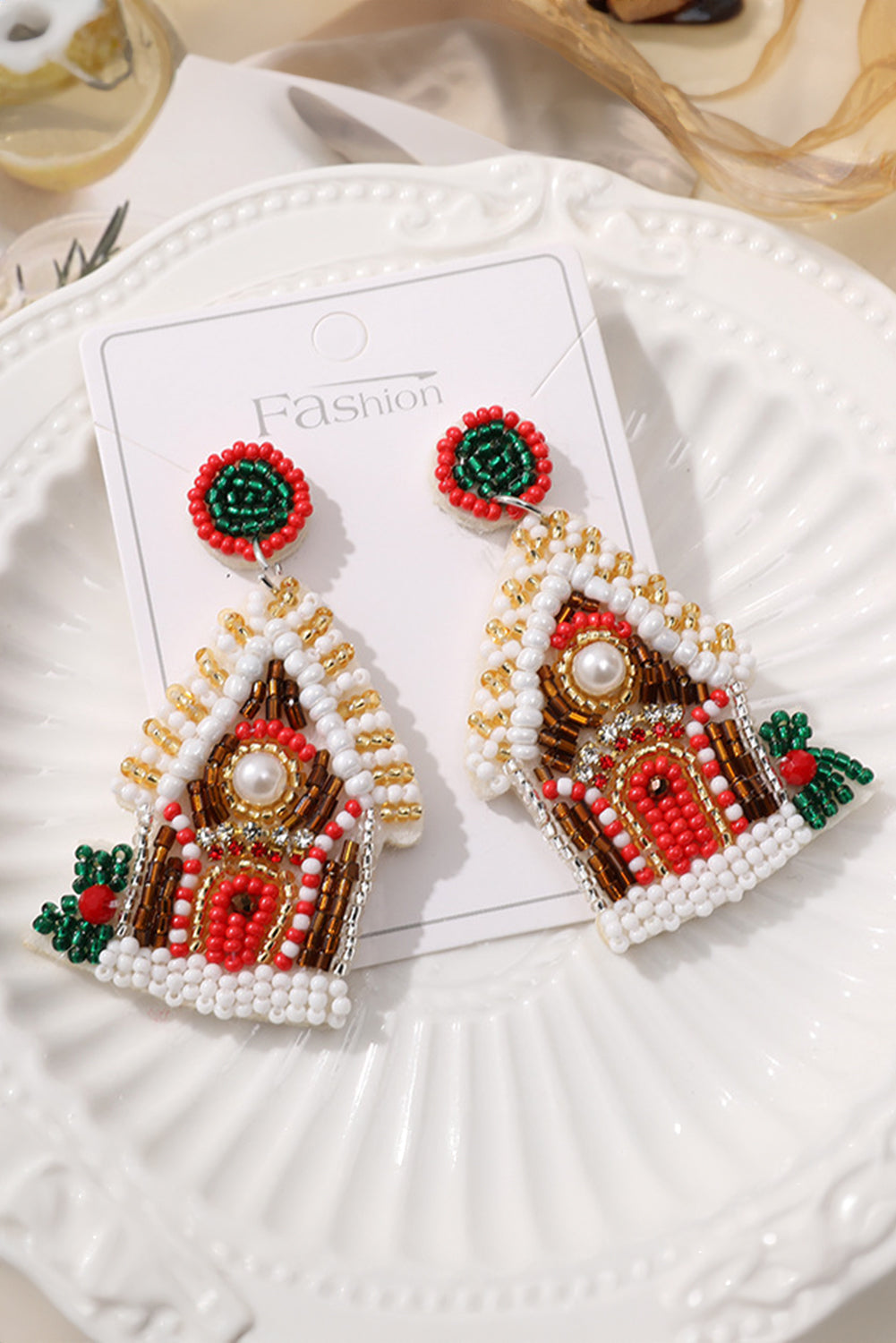 White Christmas House Seed Beaded Earrings