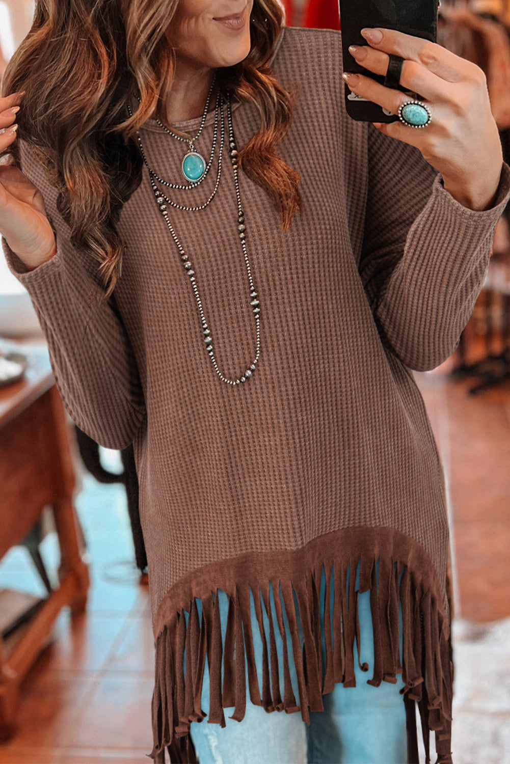 Coffee Waffle Fringe Top