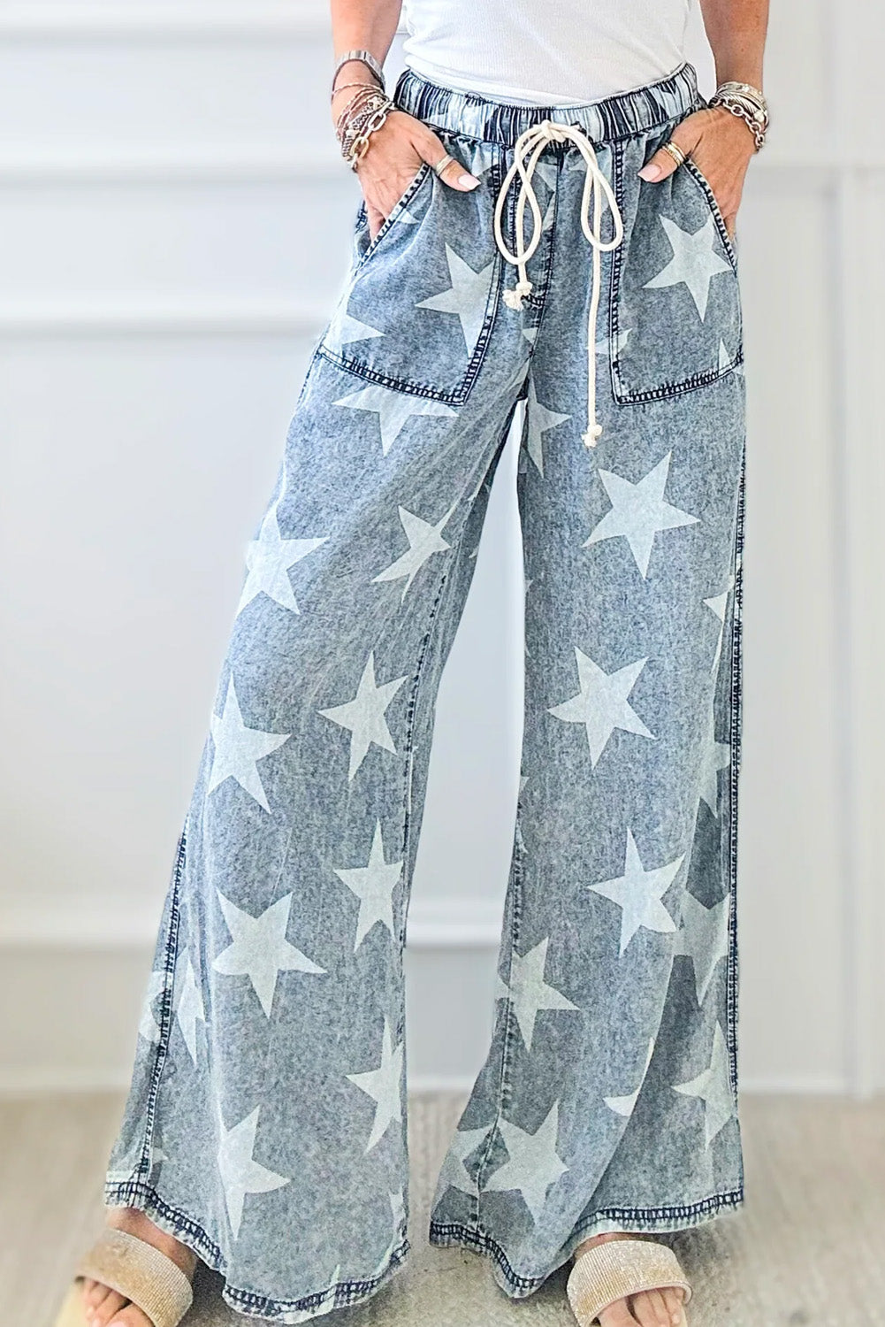 Light Blue Star Print Drawstring Wide Leg Jeans