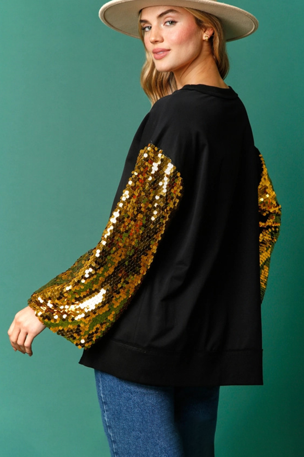 Festive Sequin Lantern Sleeve Sweatshirt