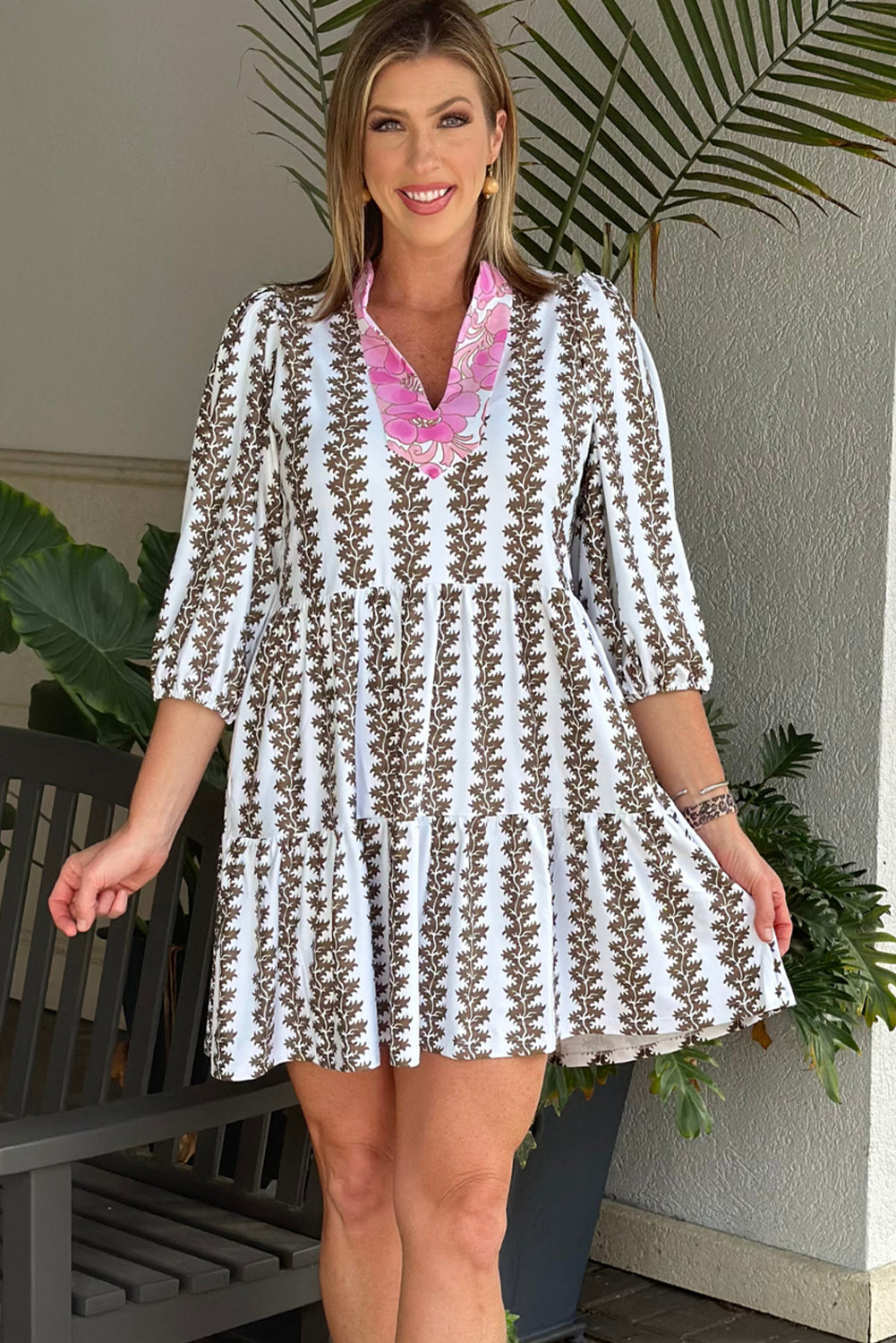 Abstract Print V Neck Tiered Mini Dress