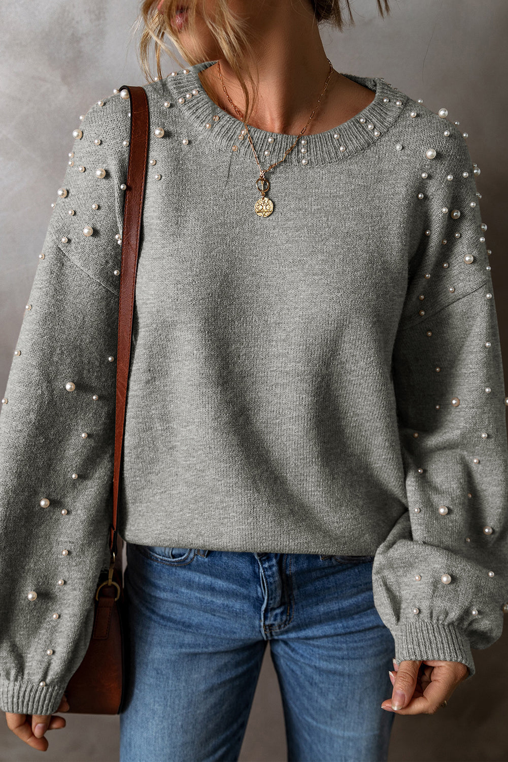 Pearl Drop Shoulder Round Neck Sweater