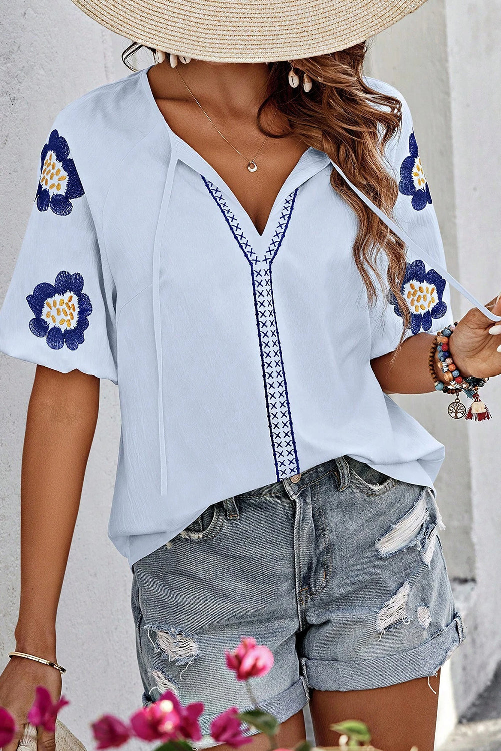 Embroidered Flower V Neck Puff Sleeve Blouse