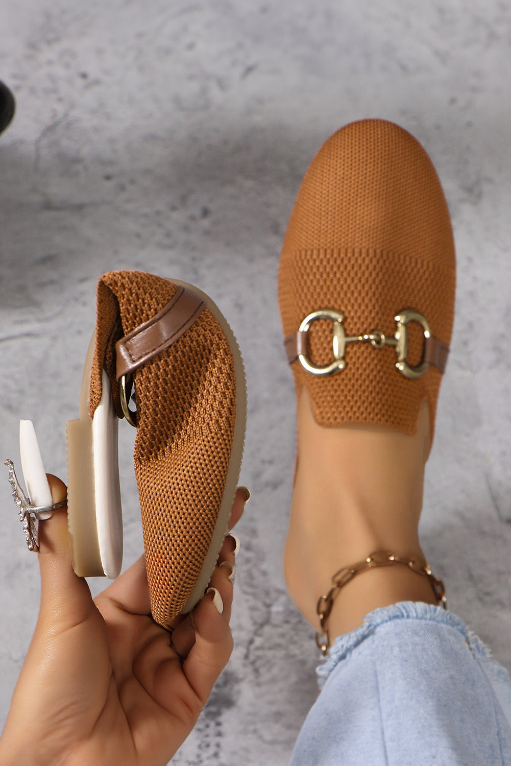 Chestnut Leather Strap Buckle Slip On Flats