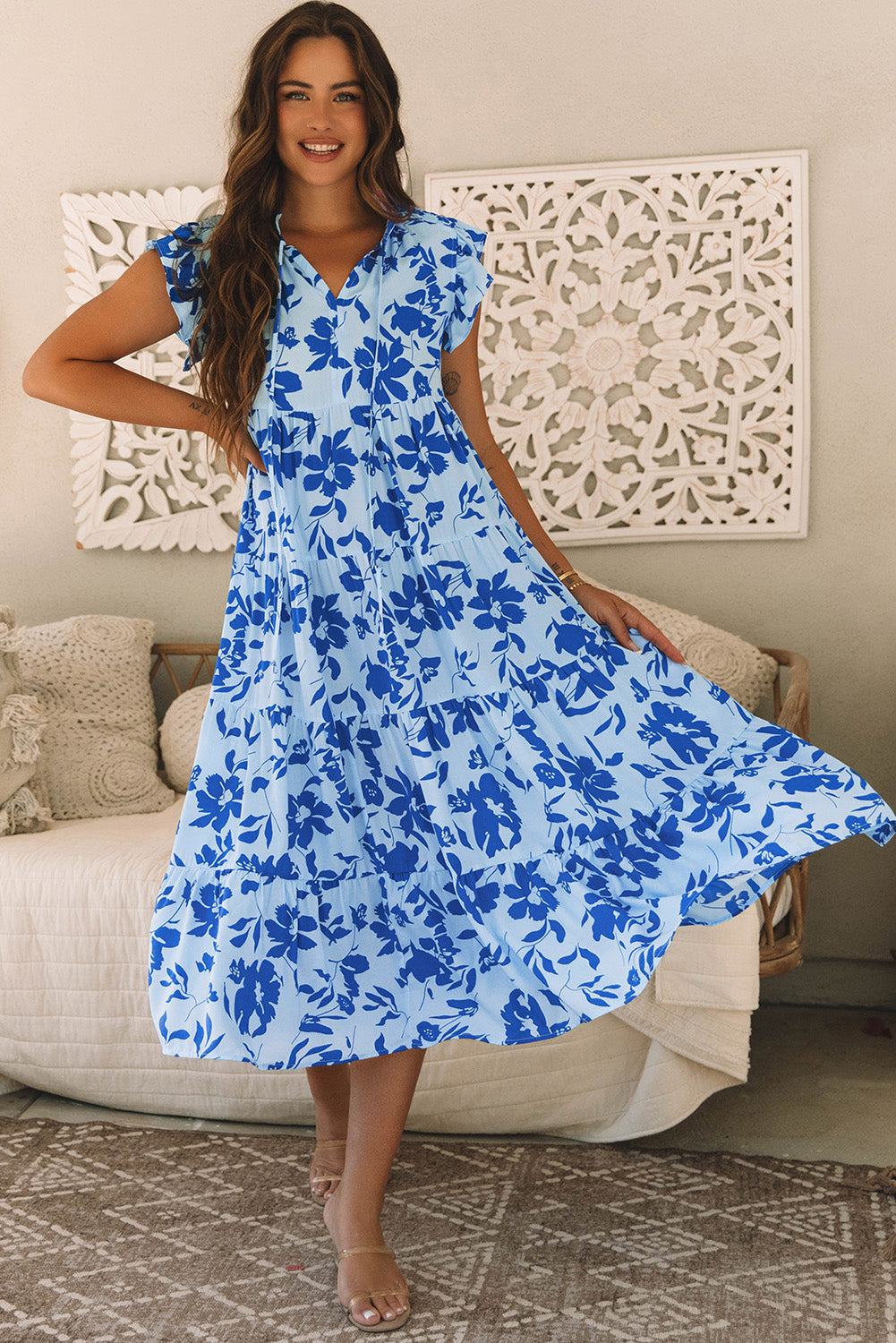 Sky Blue Floral Tiered Maxi Dress