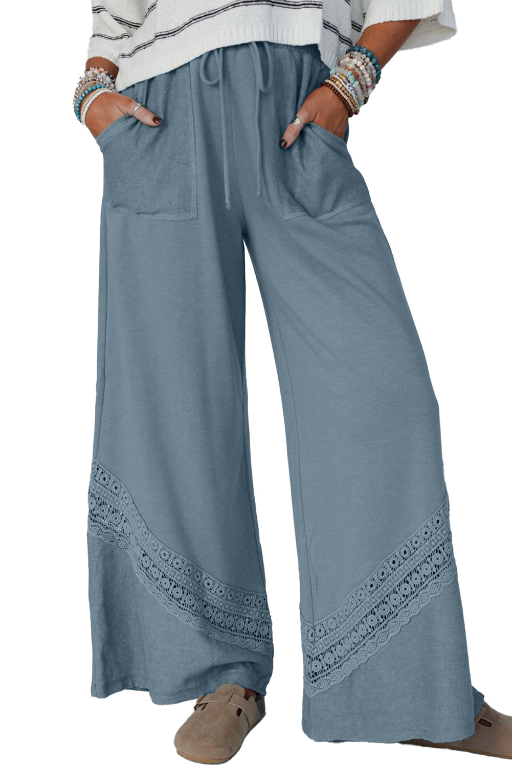 Dusk Blue Crochet Drawstring Wide Leg Pants