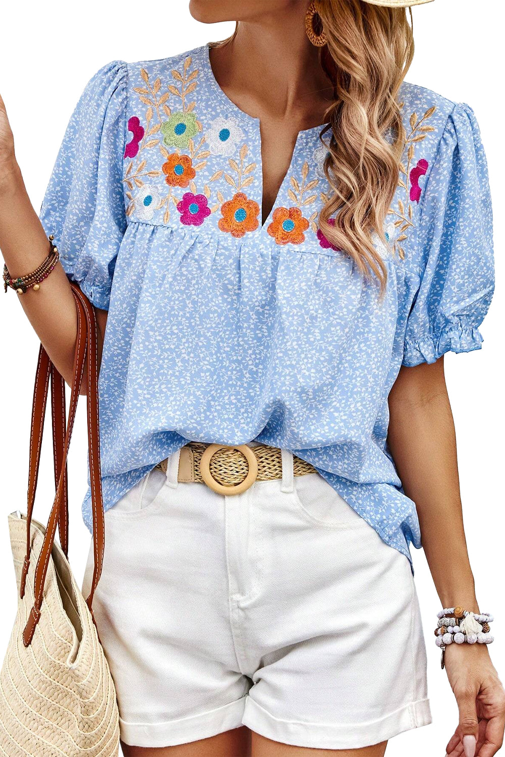 Floral Embroidered Puff Sleeve Blouse