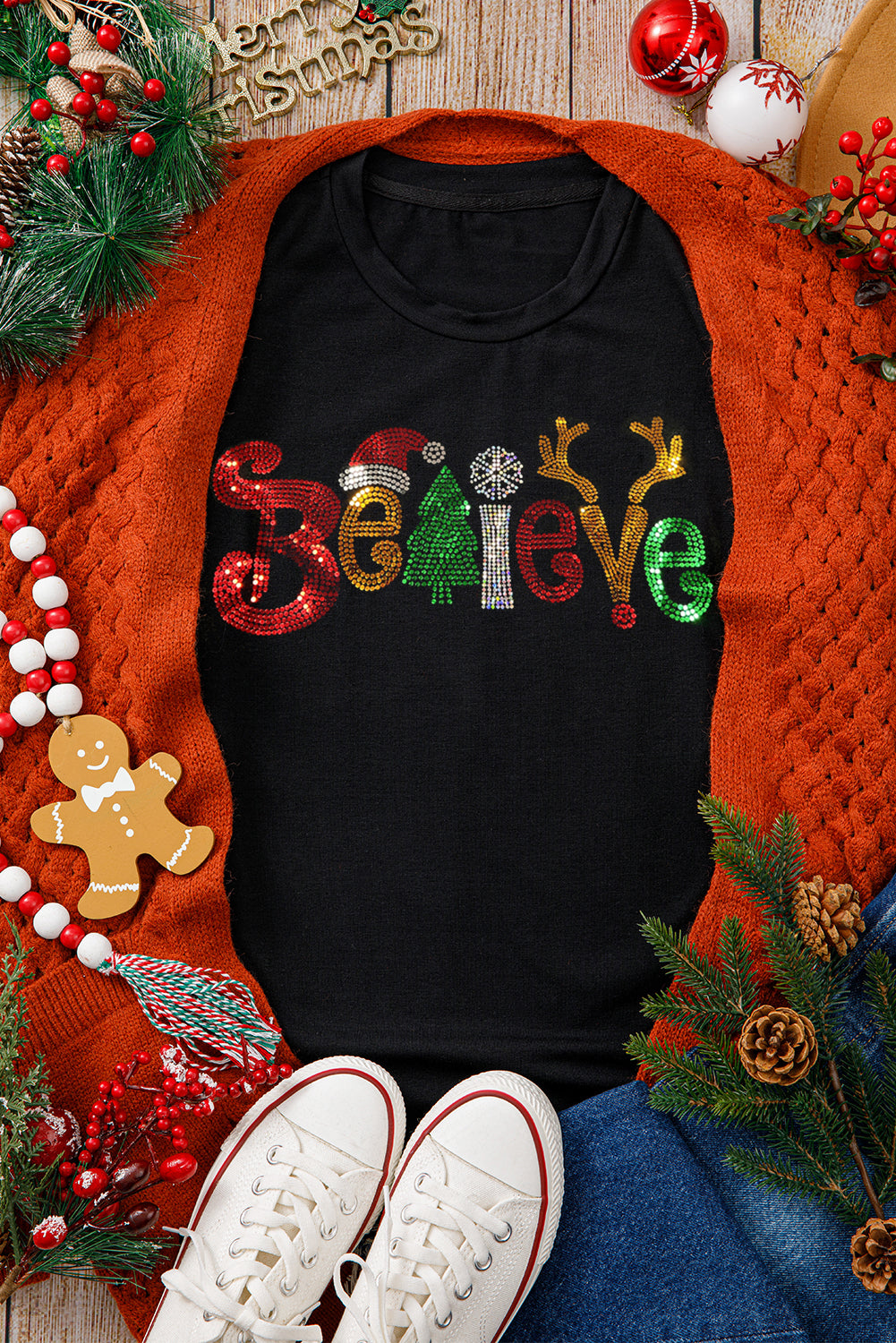 BELIEVE Glittered Christmas Tee