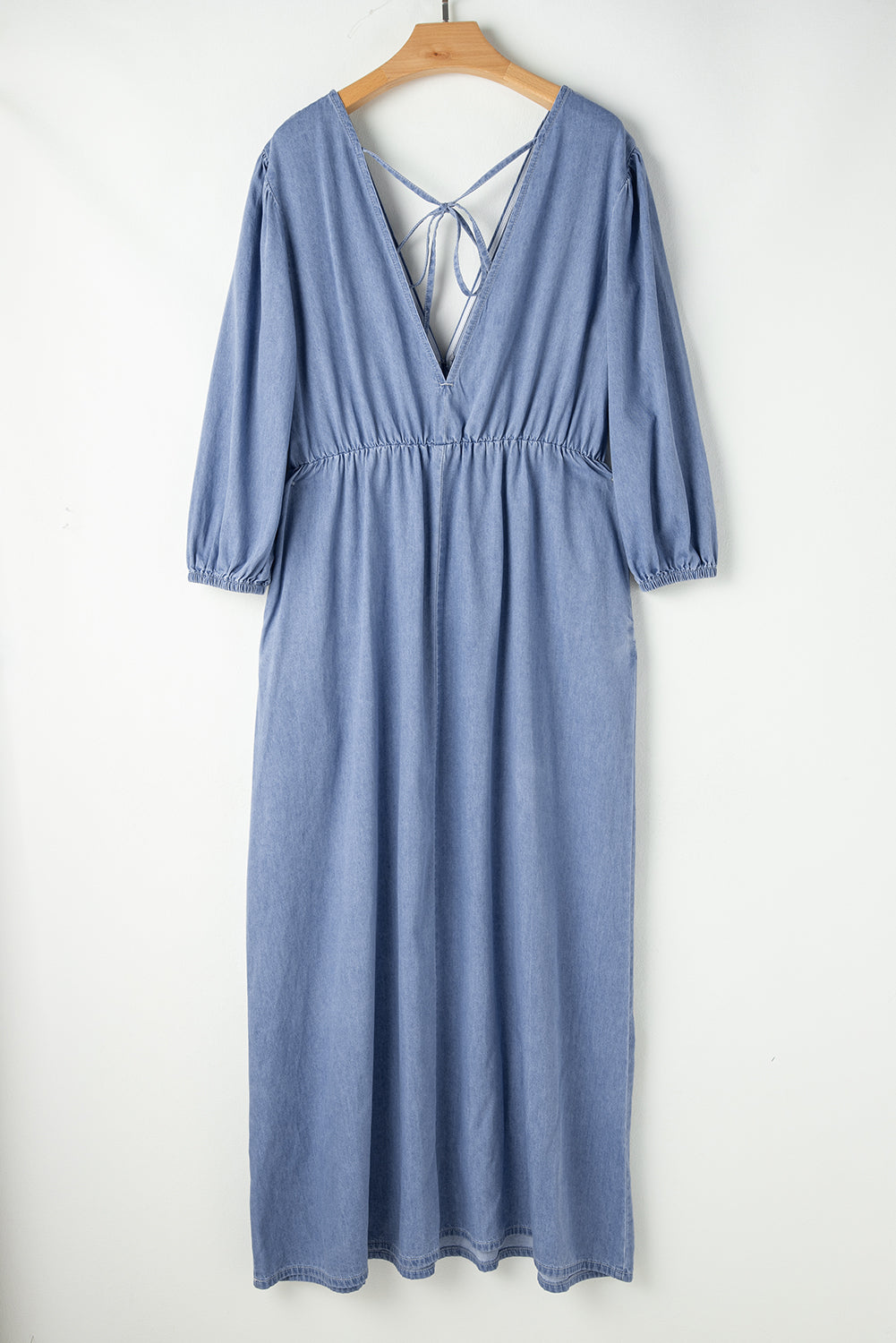 Chambray Deep V Neck Maxi Dress