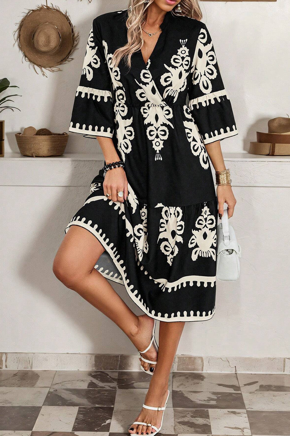 Black Print 3/4 Sleeve Loose Midi Dress