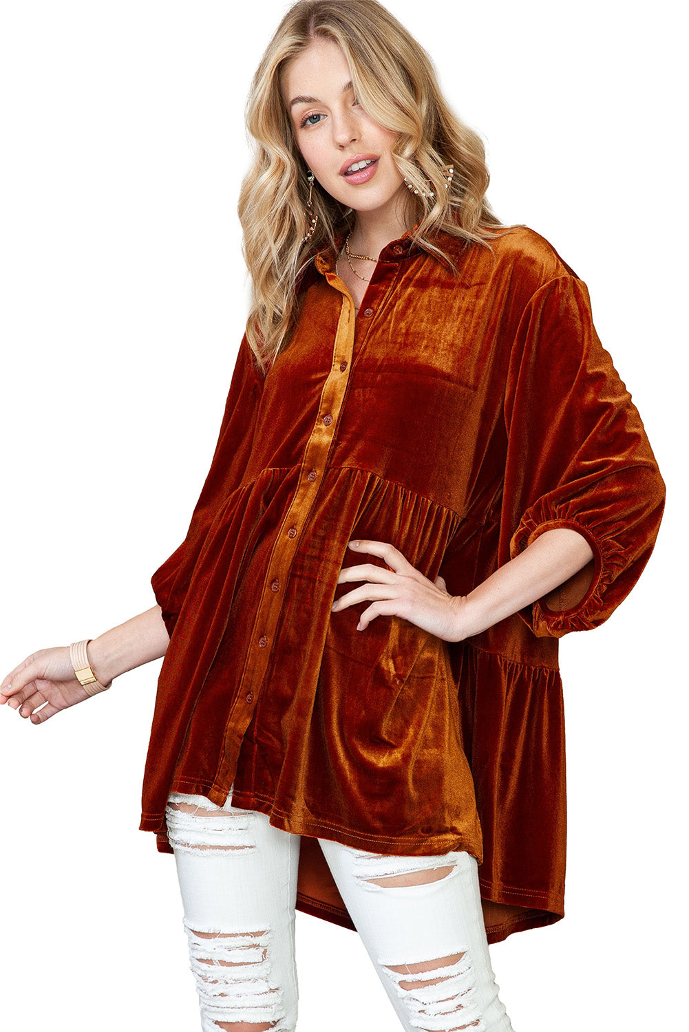 Lantern Sleeve Tunic Babydoll Velvet Shirt