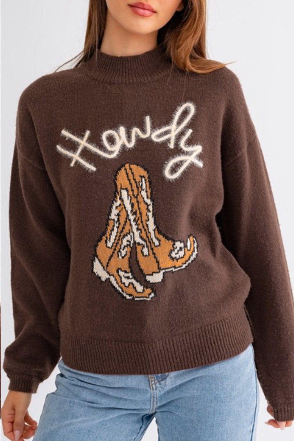 Howdy Cowboy Boot High Neck Sweater