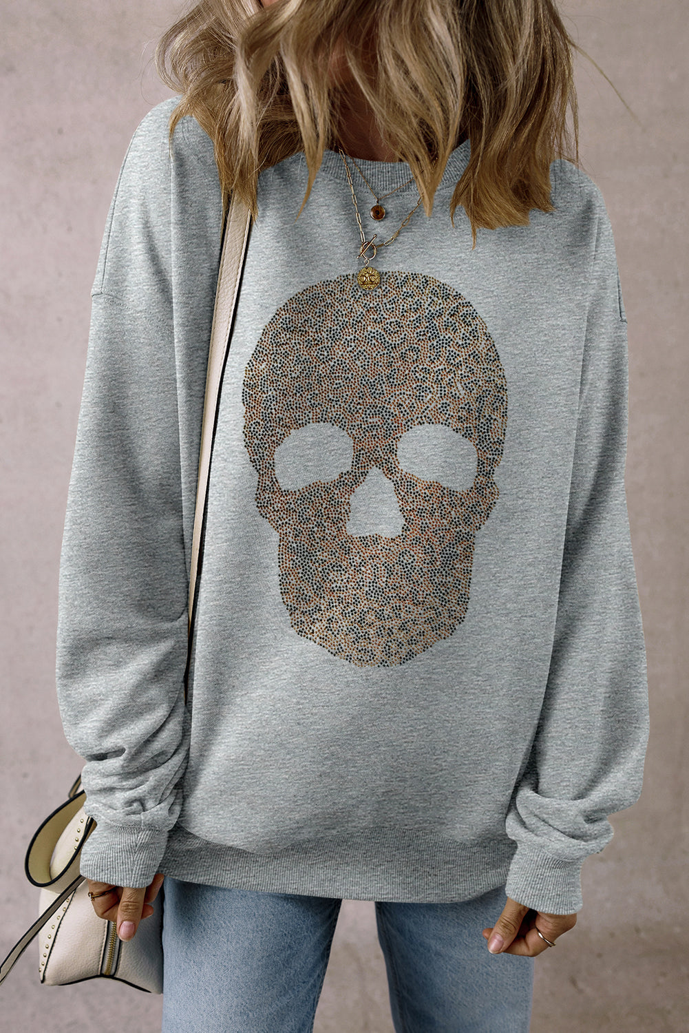 Light Grey Rhinestone Skull Sweatshirt