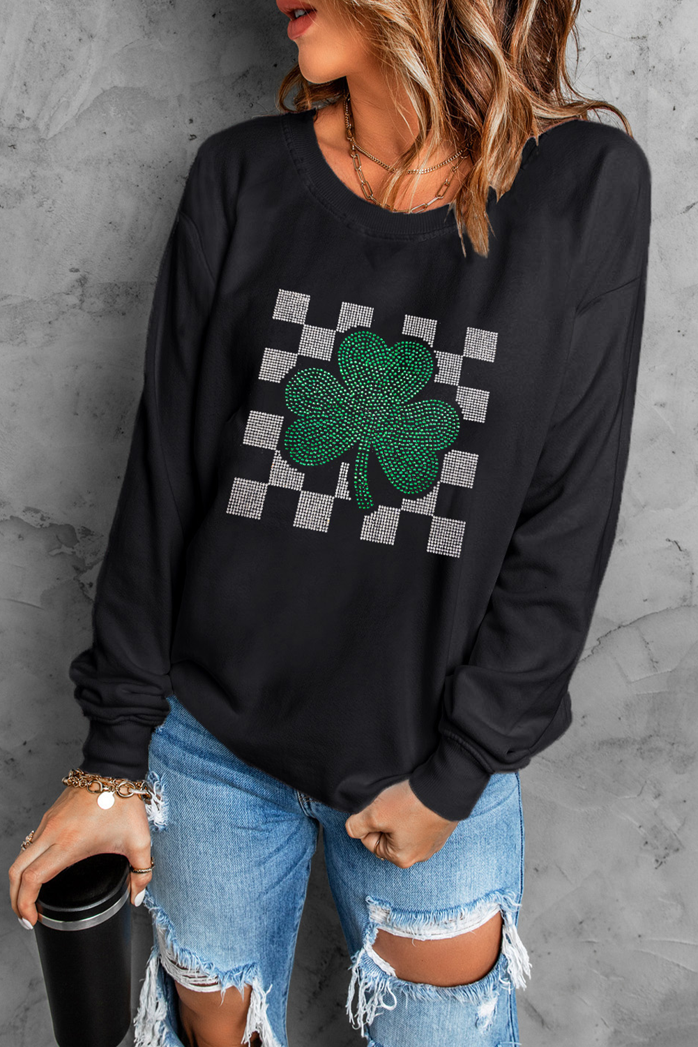 Black Rhinestone Checkerboard Shamrock Sweatshirt