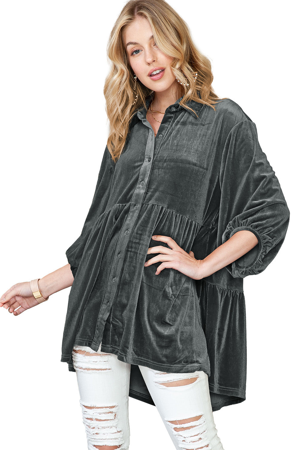 Lantern Sleeve Tunic Babydoll Velvet Shirt