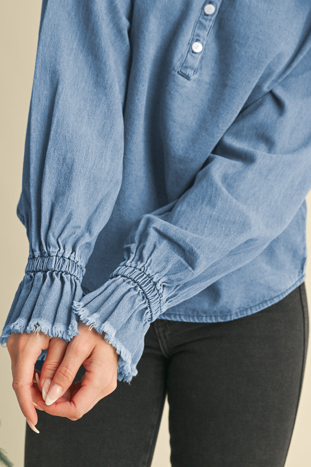 Frilled Half Buttoned Denim Blouse