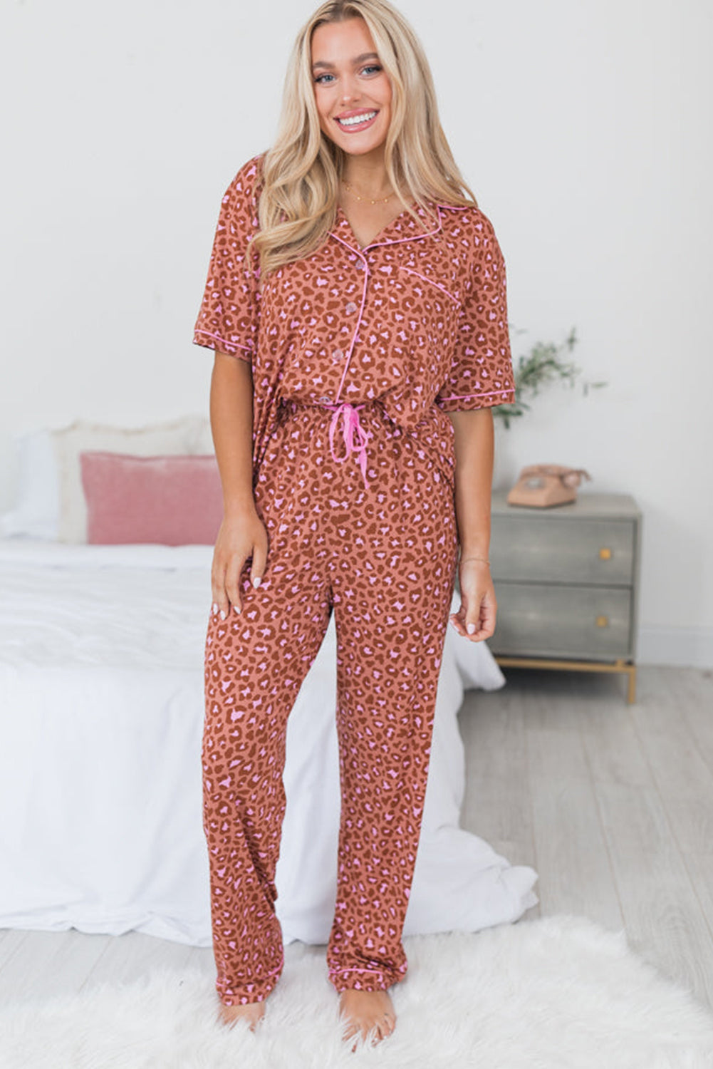 Leopard Print Short Sleeve Pajamas Set