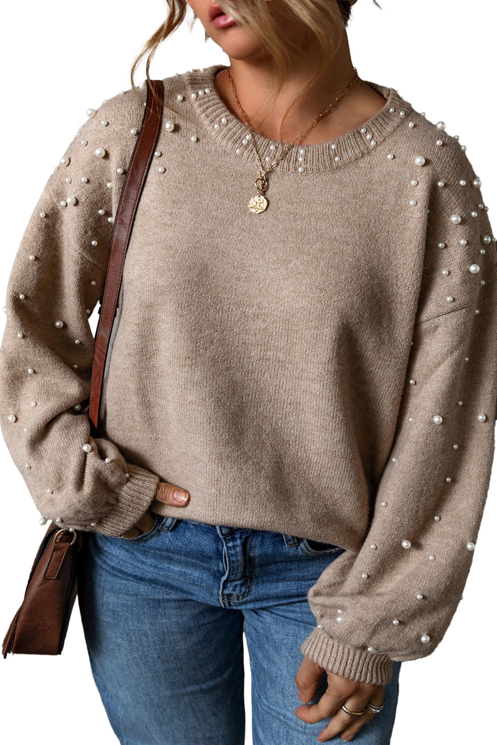 Pearl Drop Shoulder Round Neck Sweater - Plus