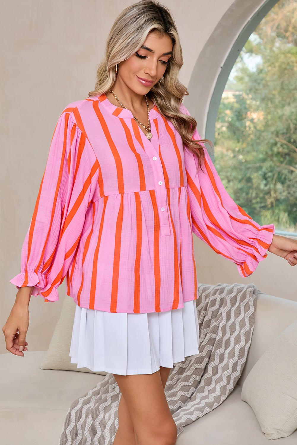 Stripe Crinkle Ruffle Sleeve Top