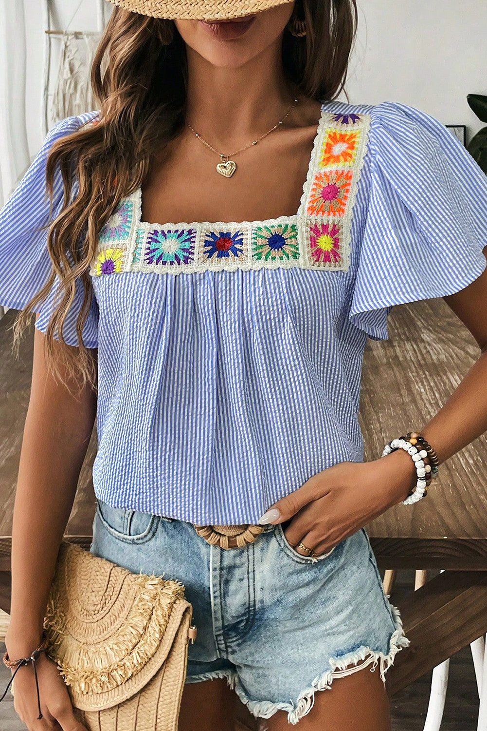 Seersucker Crochet Boho Blouse