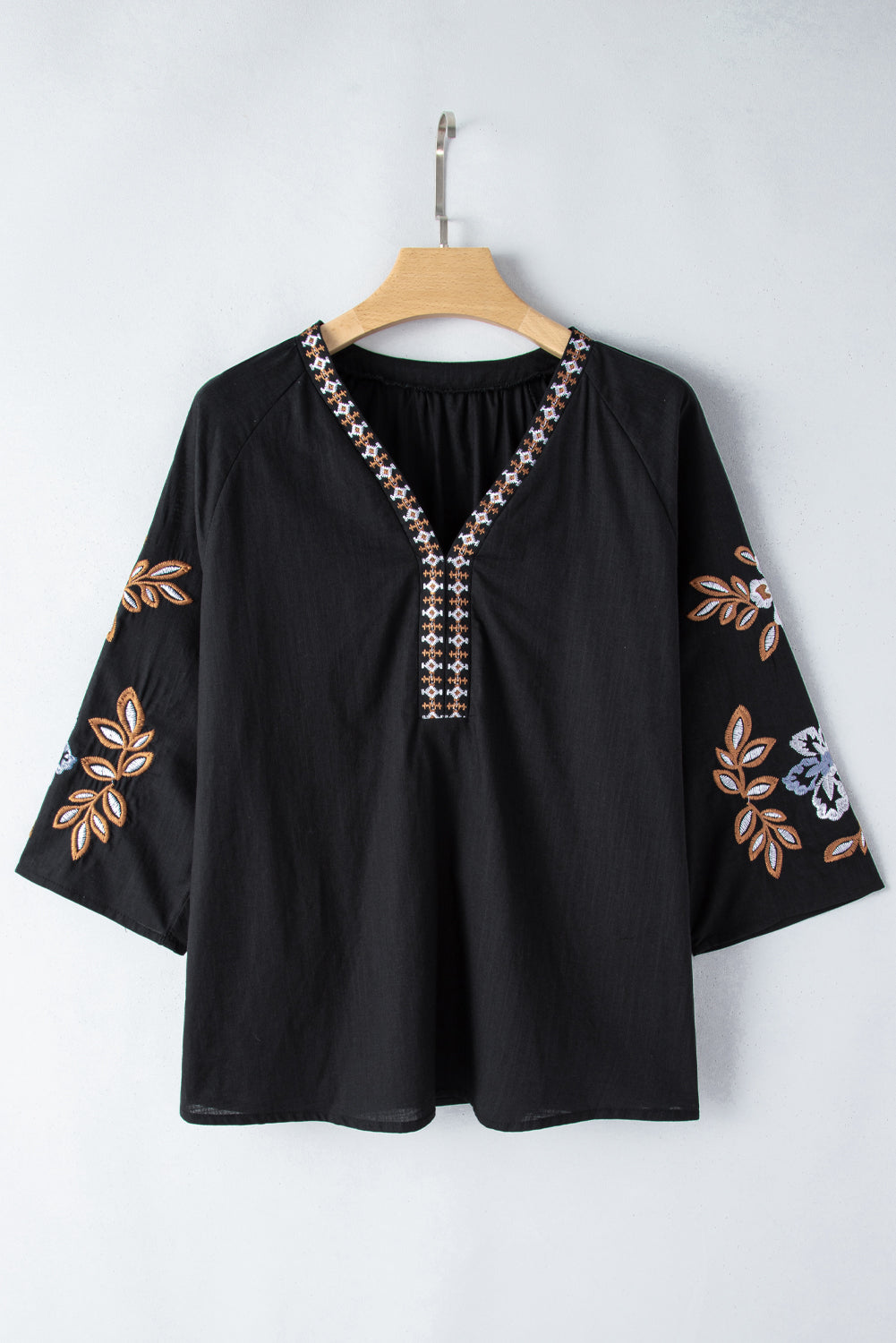 Black Floral Embroidered Sleeve Boho Blouse