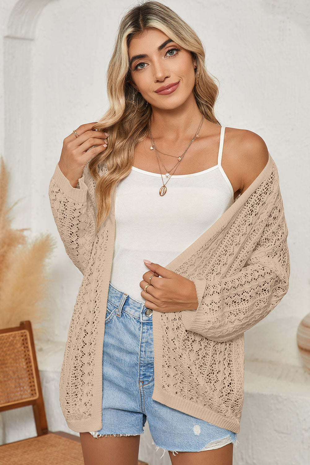 Crochet Knit Open Front Cardigan